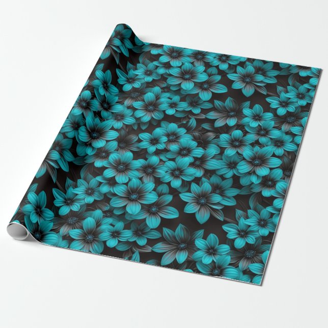Papier Cadeau Teal Floral Wrapping Paper on Black (Déroulé)