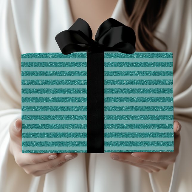 Papier Cadeau Teal Green Glitter Style Horizontal Stripes (Créateur téléchargé)