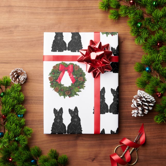 Papier Cadeau Teckels écossais avec Couronne de Noël (Cadeau de vacances)