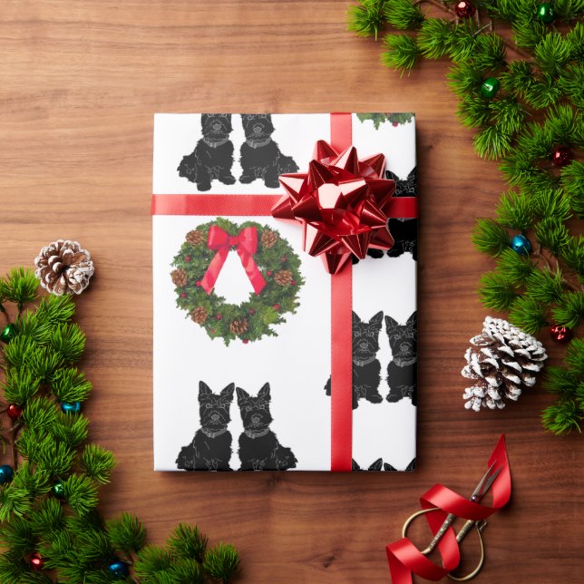 Papier Cadeau Teckels écossais avec Couronne de Noël (Cadeau de vacances)