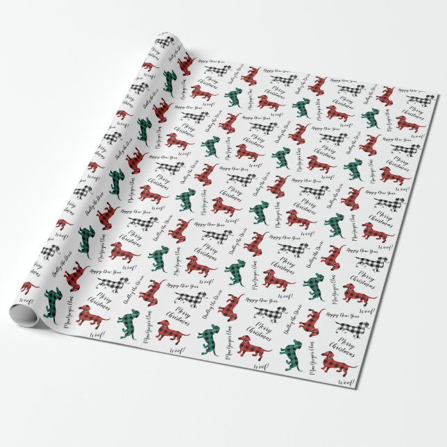 Papier Cadeau Teckels rouges et verts de flanelle de Noël (Déroulé)