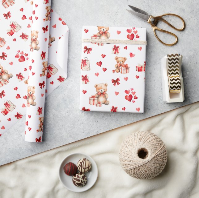 Papier Cadeau Teddies Saint Valentin mignonnes aux Coeurs rouges (Artisanat)