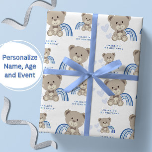 Papier Cadeau Teddy Bear 1er Anniversaire bleu