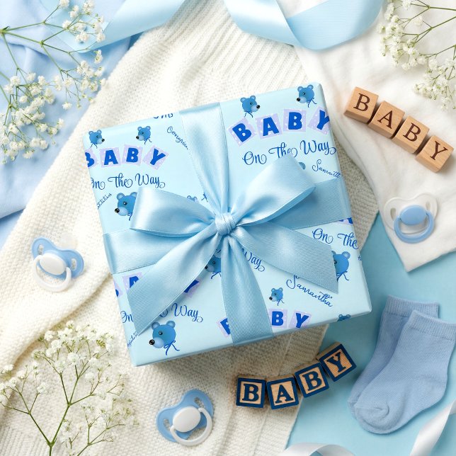 Papier Cadeau Teddy Bear With Blue Text Baby Shower (It's cute, it's fun and not traditional. Mom's name & one word message for you to customize)