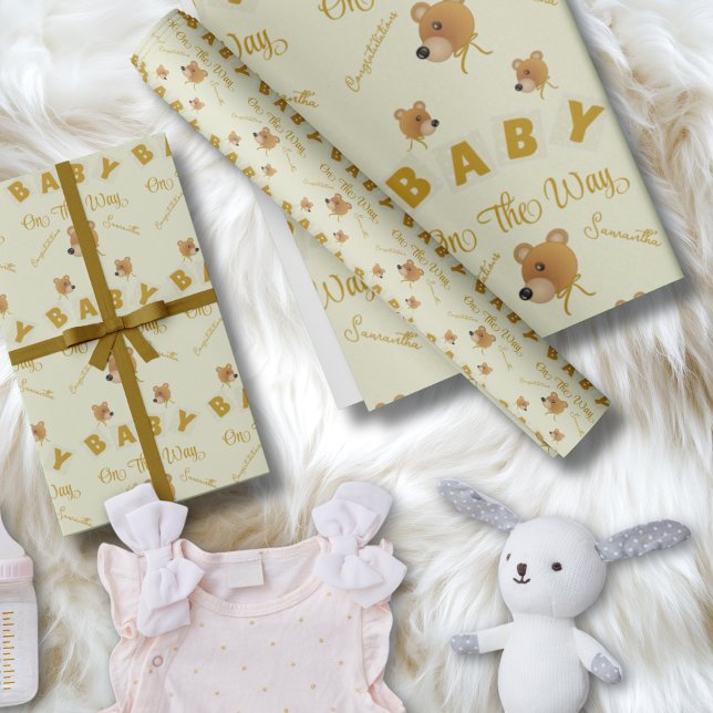 Papier Cadeau Teddy Bear With Gold Cream Text Baby Shower (Gender neutral and a little bit fun. Put mom's name on and a one word message to make it extra cool.)