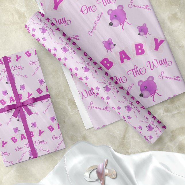 Papier Cadeau Teddy Bear With Pink Purple Text Baby Shower (Customizable pink baby bear wrapping paper for that baby shower. It's cute and its different.)