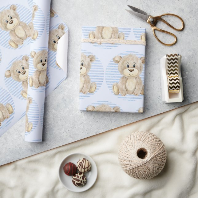 Papier Cadeau Teddy Ours Bleu Motif Aquarelle Bébé Garçon Douche (Artisanat)