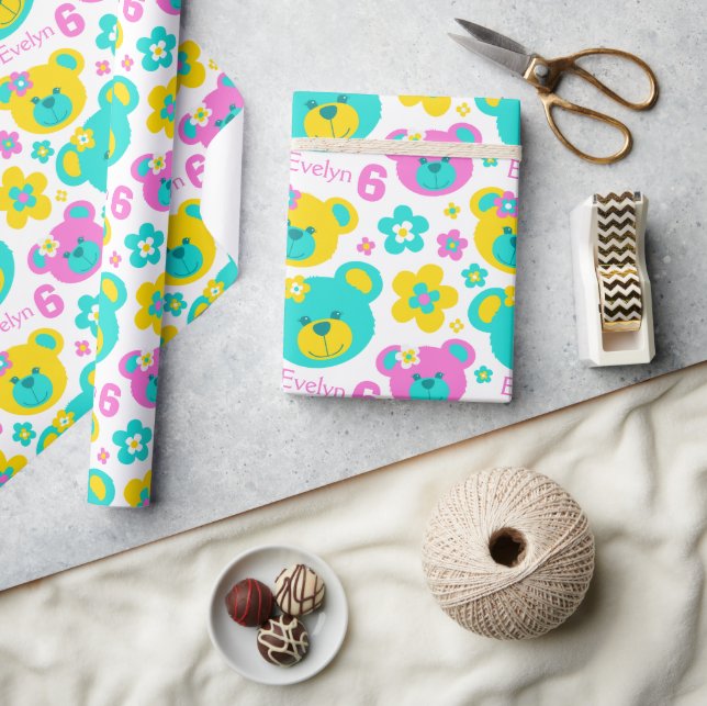 Papier Cadeau Teddy ours fleurs 6e anniversaire nom papier cadea (Artisanat)