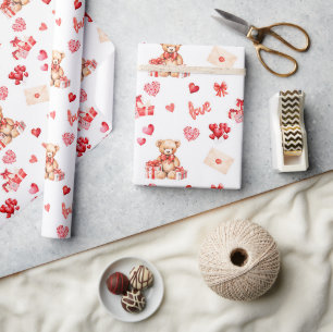 Papier Cadeau Teddy Saint Valentin mignonne aux Coeurs rouges