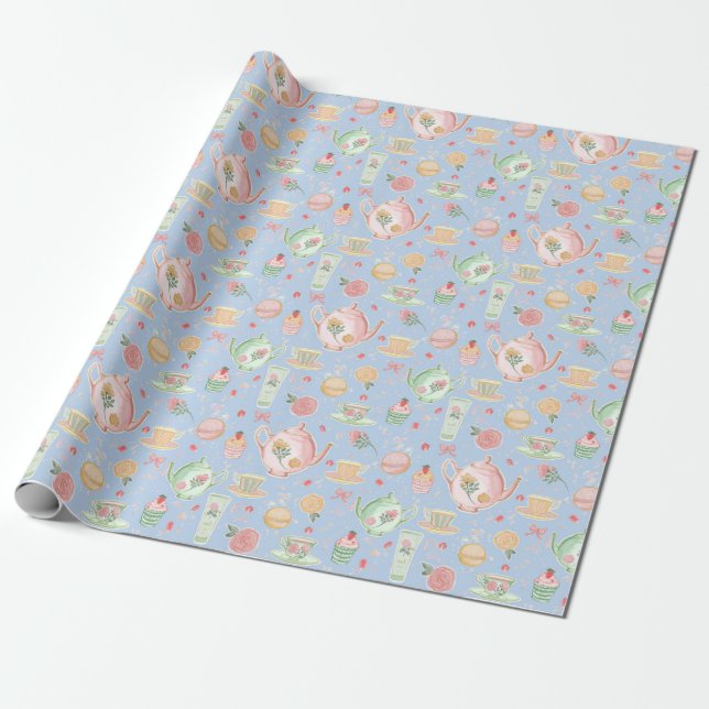 Papier Cadeau Teintures d'aquarelle Pastel sur bleu (Déroulé)