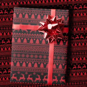 Papier Cadeau Tendance Pull de Noël Ugly Noir et Rouge Nordique