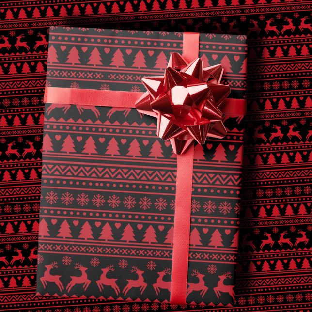 Papier Cadeau Tendance Pull de Noël Ugly Noir et Rouge Nordique (Créateur téléchargé)