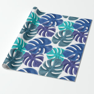 Papier Cadeau Tendance Tropical Bleu Royal & Monstera Feuilles d