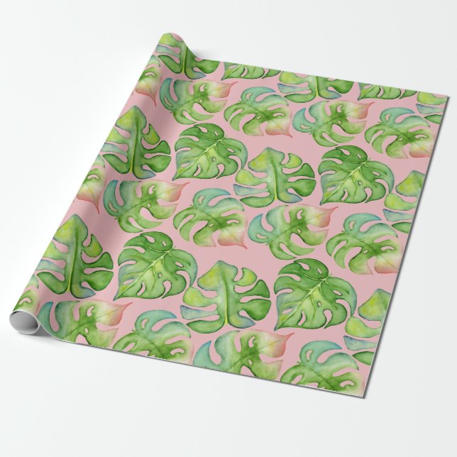 Papier Cadeau Tendance Tropicana Aquarelle Monstera & Palm Feuil (Déroulé)