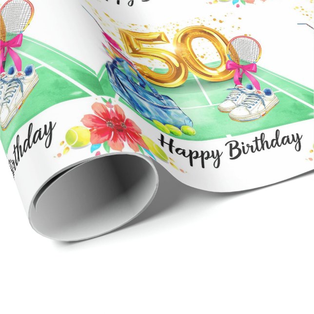 Papier Cadeau Tennis 50e anniversaire raquette de tennis Balle E (Coin rond)