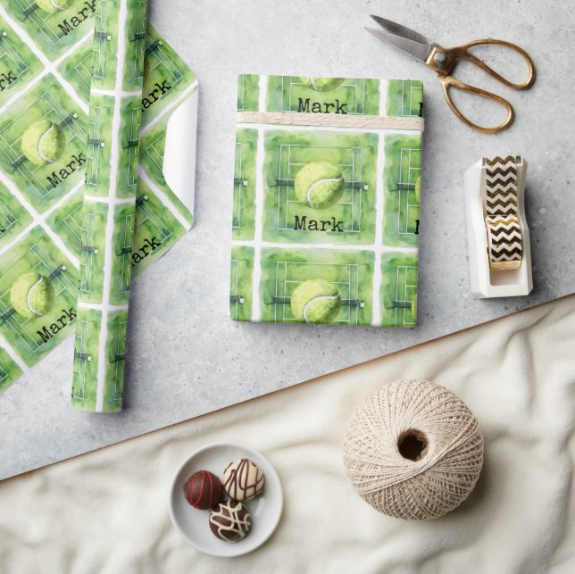 Papier Cadeau Tennis Anniversaire avec balle de tennis et raquet (Artisanat)
