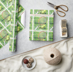 Papier Cadeau Tennis Anniversaire avec balle de tennis et raquet
