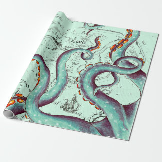 Papier Cadeau Tentacles Turquoises Sur Une Carte Vintage Turquoi