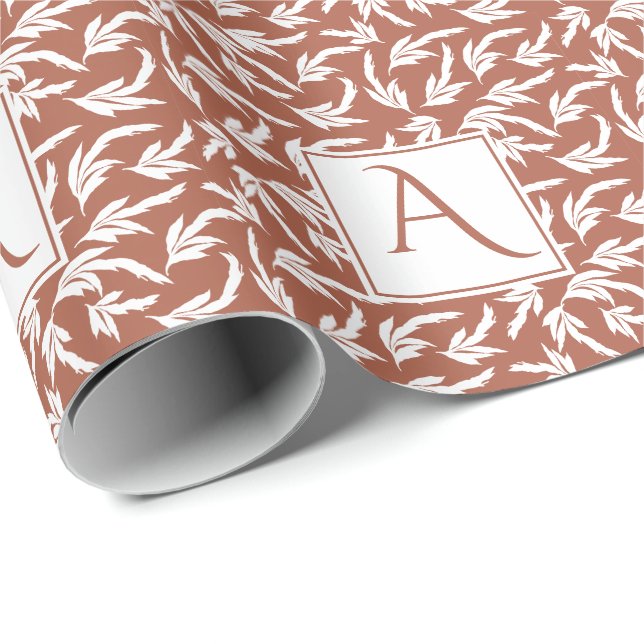 Papier Cadeau Terre cuite, tons terre et feuilles blanches (Coin rond)