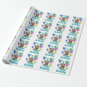 Papier Cadeau Terrier Australien avec Ballons Anniversaire