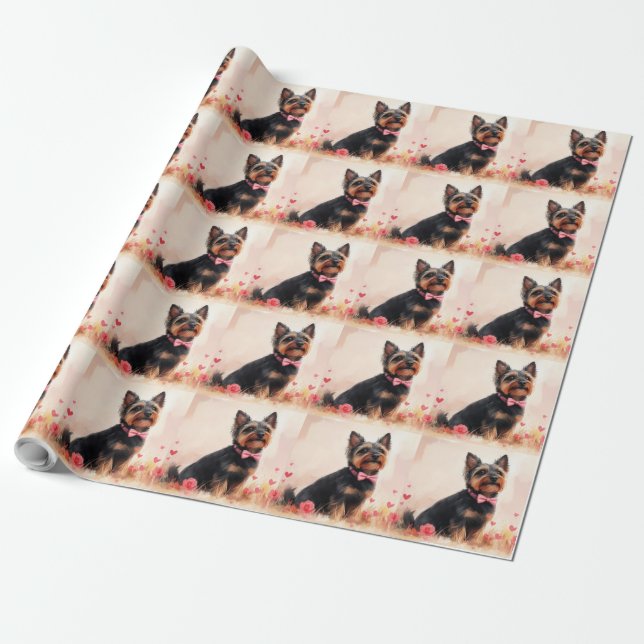 Papier Cadeau Terrier Australien avec des Roses - Saint-Valentin (Déroulé)