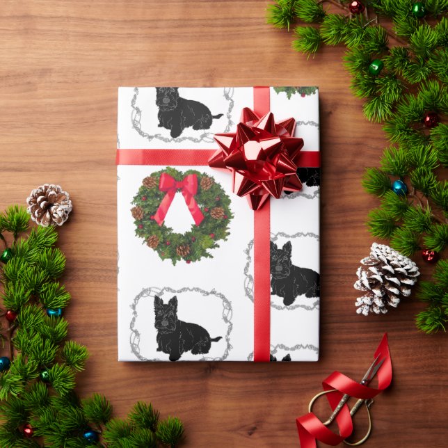 Papier Cadeau Térrier écossais avec couronne de Noël (Cadeau de vacances)