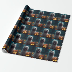 Papier Cadeau Terrier Skye d'Halloween avec citrouilles effrayan