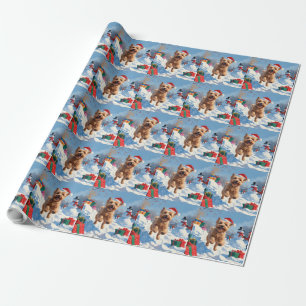 Papier Cadeau Terrier Wheaten courant dans la neige avec un chap