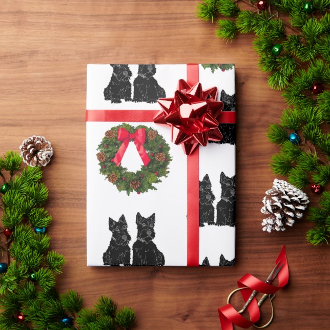 Papier Cadeau Terriers écossais avec couronne de Noël (Cadeau de vacances)