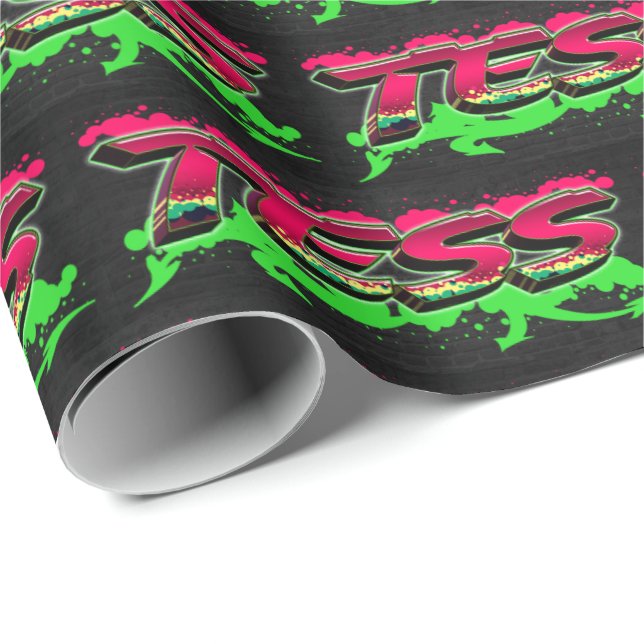 Papier Cadeau Tess prénom nom Graffiti rouge vert (Coin rond)