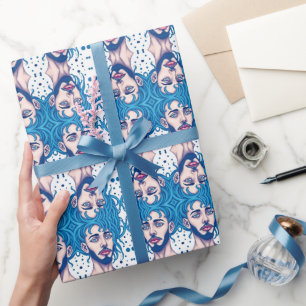 Papier Cadeau Tête d'alien barbu aux cheveux bleus, art de scien
