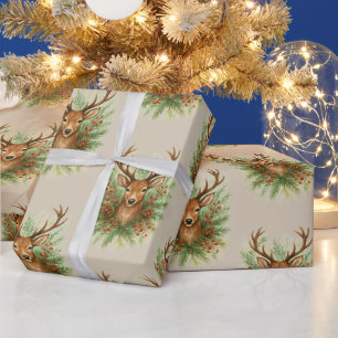 Papier Cadeau Tête de cerf de la forêt rustique avec feuillage d