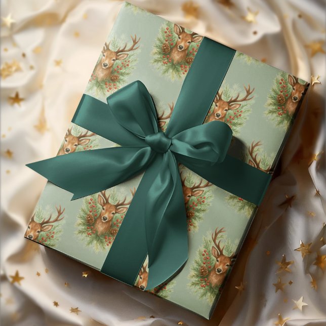 Papier Cadeau Tête de cerf de la forêt rustique avec feuillage d (Créateur téléchargé)
