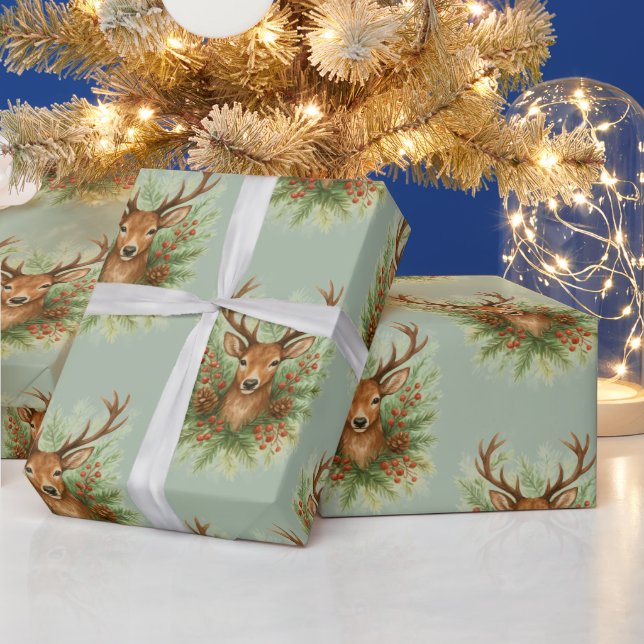 Papier Cadeau Tête de cerf de la forêt rustique avec feuillage d (Vacances)