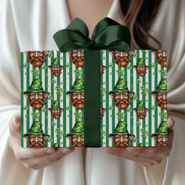 Papier Cadeau Tête de gnome drôle rayée vert de mer St. Patrick  (Créateur téléchargé)