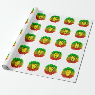 Papier Cadeau Tête de lion Rasta rouge jaune vert dessin Jamaïqu