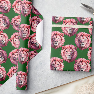 Papier Cadeau Tête de lion rose motif animal design vert