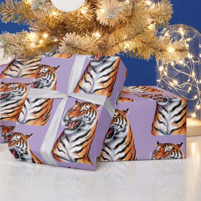 Papier Cadeau Tête de Tigre Branché Violet (Vacances)