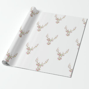 Papier Cadeau Tête florale vintage blanche rose moderne de cerf