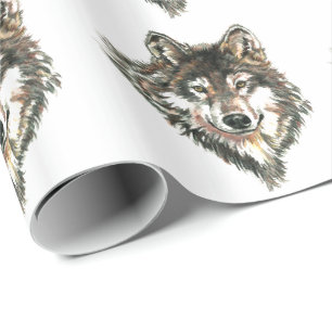 Papier Cadeau Tête ou logo de loup gris aquarelle