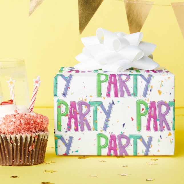 Papier Cadeau Texte de fête et confettis sur fond blanc (Fête d'anniversaire)