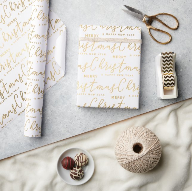 Papier Cadeau Texte élégant de Noël en écriture blanche et or (Artisanat)