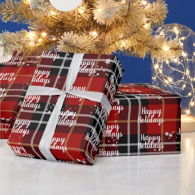 Papier Cadeau Texte Joyeuses Fêtes dans des flocons de neige sur (Vacances)