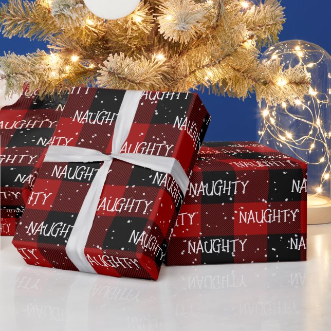 Papier Cadeau Texte NAUGHTY de Noël sur carreau de buffle (Vacances)