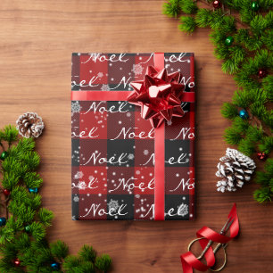 Papier Cadeau Texte NOEL de Noël sur carreaux aux flocons de nei