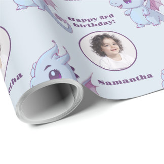 Papier Cadeau Texte photo personnalisé du Dragon de Chibi bleu m