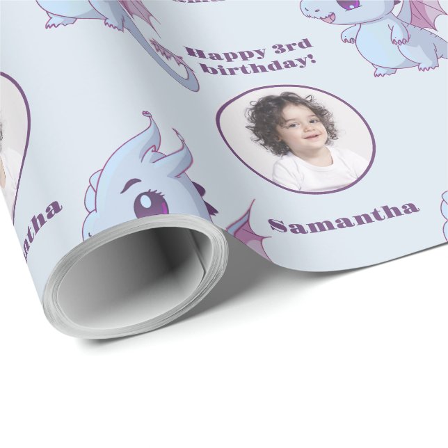 Papier Cadeau Texte photo personnalisé du Dragon de Chibi bleu m (Coin rond)