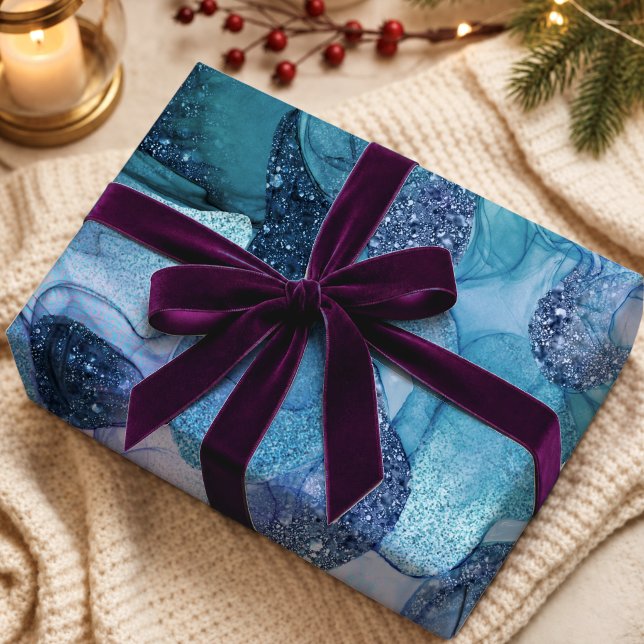 Papier Cadeau Texture de marbrure de fluide bleu aqua scintillan (Créateur téléchargé)