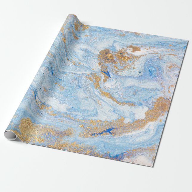 Papier Cadeau Texture de pierre de marbre doré bleu moderne cool (Déroulé)