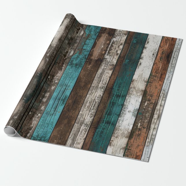 Papier Cadeau Texture en bois rustique Découpage Turquoise et Br (Déroulé)